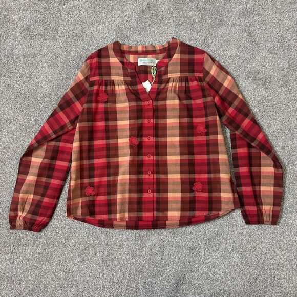 Aventura Shirt Womens Medium Red Plaid Artisan Top Organic Cotton Embroidered - Picture 1 of 11